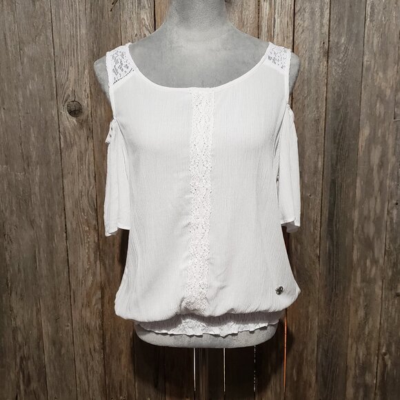 Adrienne Vittadini M Top Blouse White Lace Crochet Cold Shoulder Short Sleeve - Picture 1 of 6